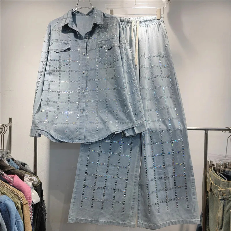 Women Plaids Diamonds Beaded Denim Shirt Rhinestones Jean Blouses Drilling Cardigan TopsSequined Wide Legs Pants Jeans 2pcs Set 250808