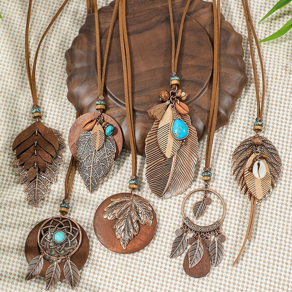 7pcs Boho Long Neckalce Set Brown Pendent Necklaces Sweater Chain Turquoise Shell Tribal Jewelry Party Decors Lifts 250805