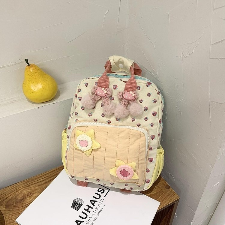 Canvas Printed Dopamine Color-Block Cute Strawberry Casual Backpack ddmymoon