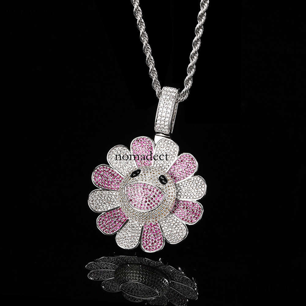 Hip-Hop Rotatable Murakami Suower Trendy Brand Personality Sterling Silver Inlaid Moissanite chain Pendant Necklace