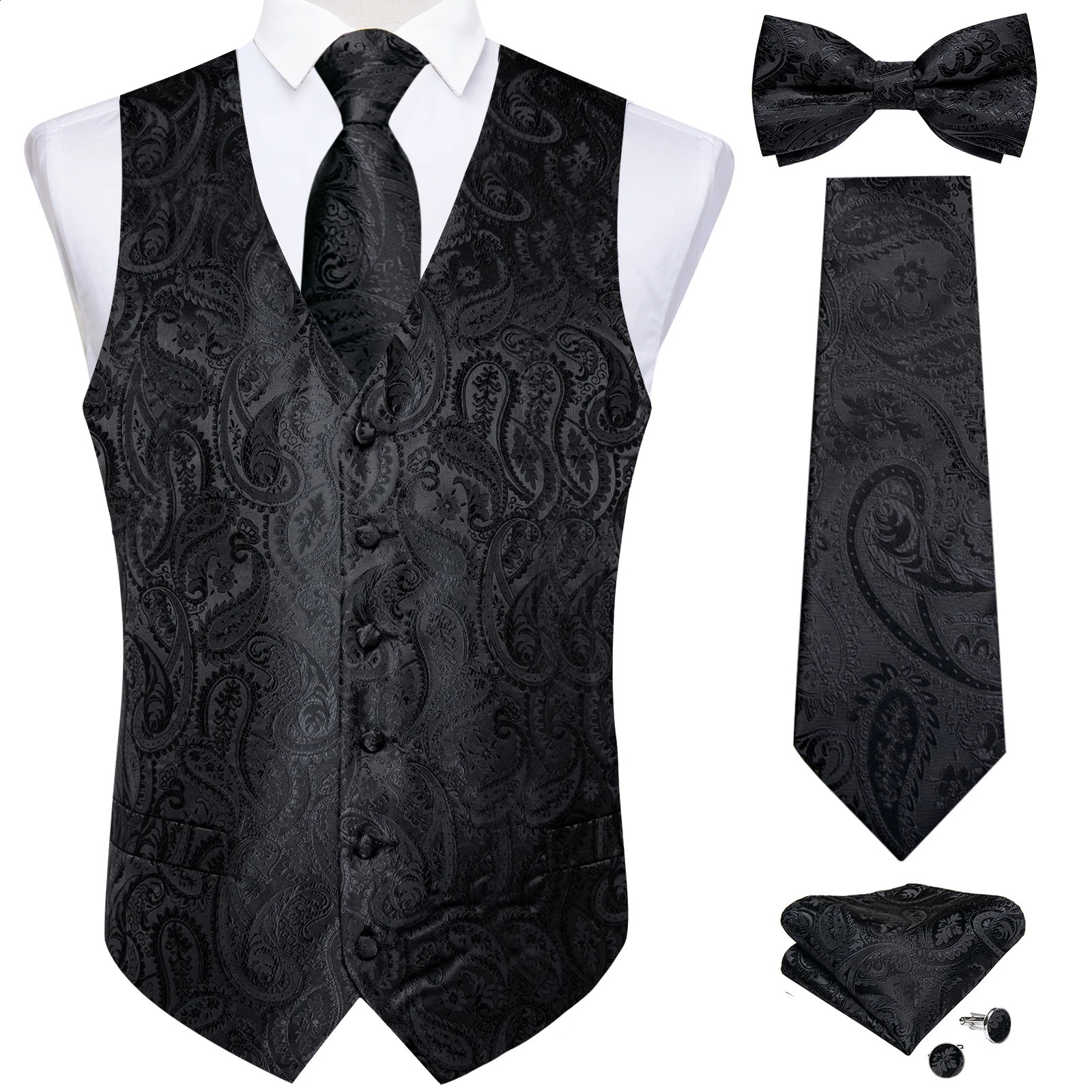 Mens Black Solid Paisley Suit Vest with Necktie Bow Tie Handkerchief Cufflinks Formal Waistcoat for Wedding Prom Tuxedo 250809