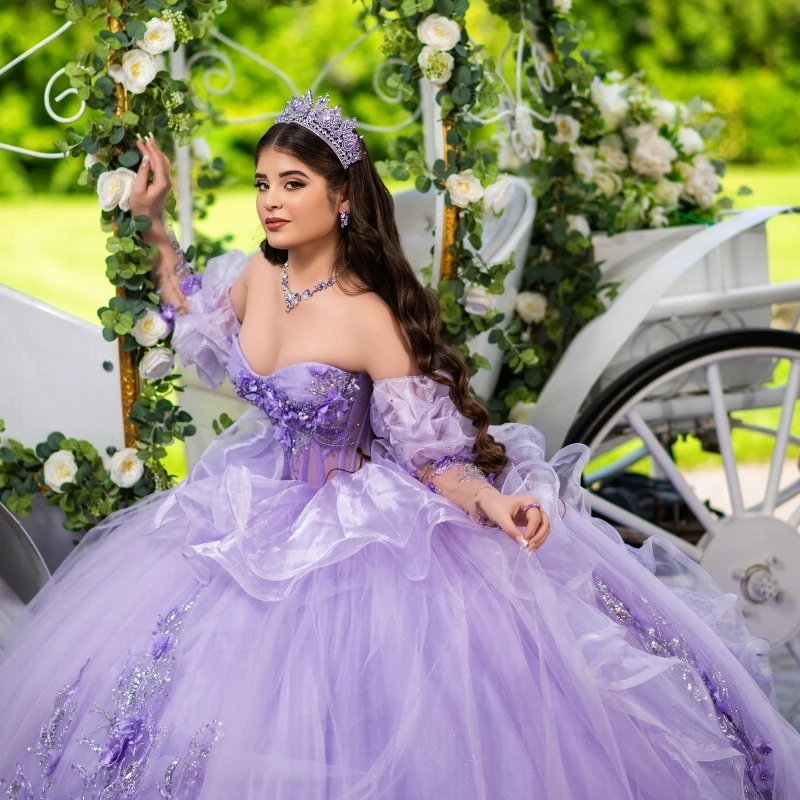 Lavender Quinceanera Dresses Ball Gown Off The Shoulder Applique Flower Beads Tull Corset Party Birthday Sweet 16 Dress Vestidos De 15 Anos