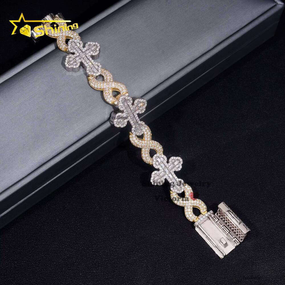 Iced Hip-Hop Jewelry 13mm GRA Cross Moissanite Link Sterling Sier Fashion Infinite Chain Cuban Bracelet