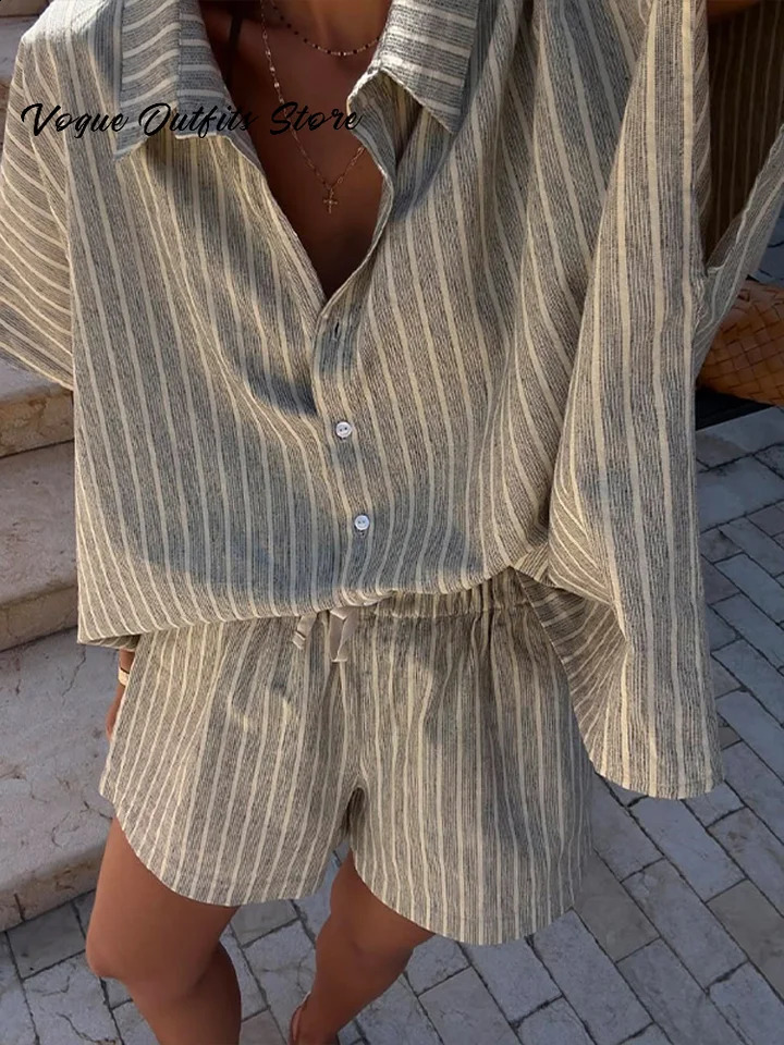 Casual Striped Lace Up Women Shorts Suits Lapel Half Sleeve Single Breasted Shirt Wide Leg Summer Chic Lady Sets 250809