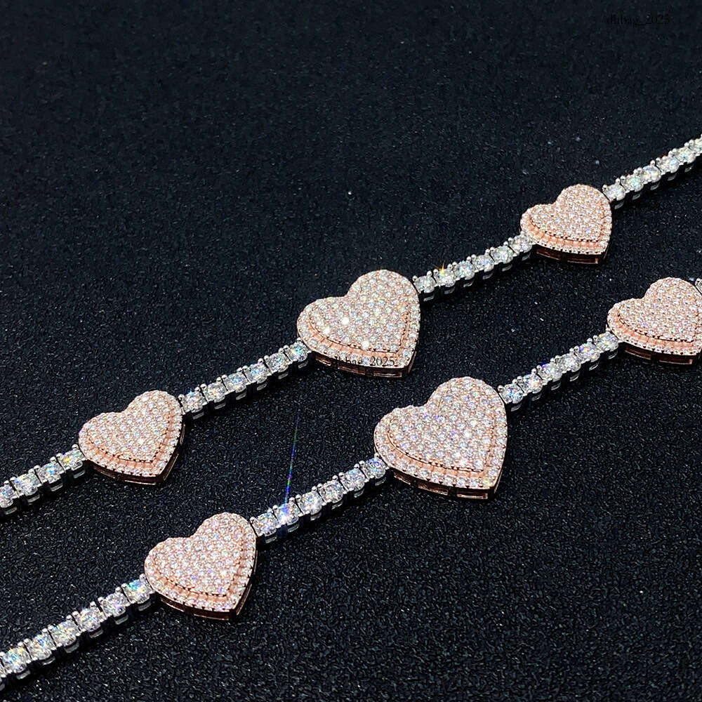New Hip-Hop Heart-Shaped Sier Moissanite Full-Inlaid Bracelet Necklace Trendy Jewelry Unisex