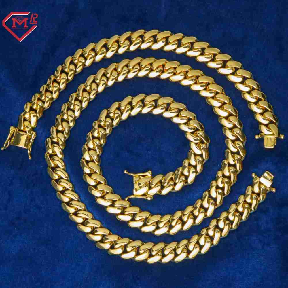 14K Gold Plated Cuban Chains Plain Necklace 10MM Custom Rapper Men Hip Hop Cuban Link Chain