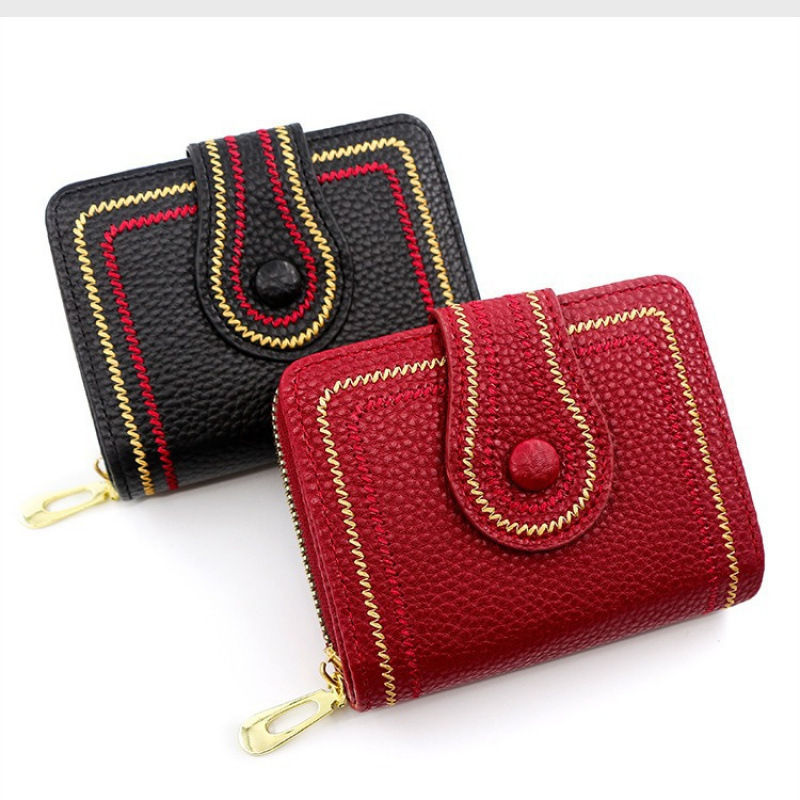 New Korean Style Women's Short Wallet Zipper Buckle Wallet Lychee Pattern Luxury Bag Embroidered Solid Color Coin Purse ID Card Holder Wallet