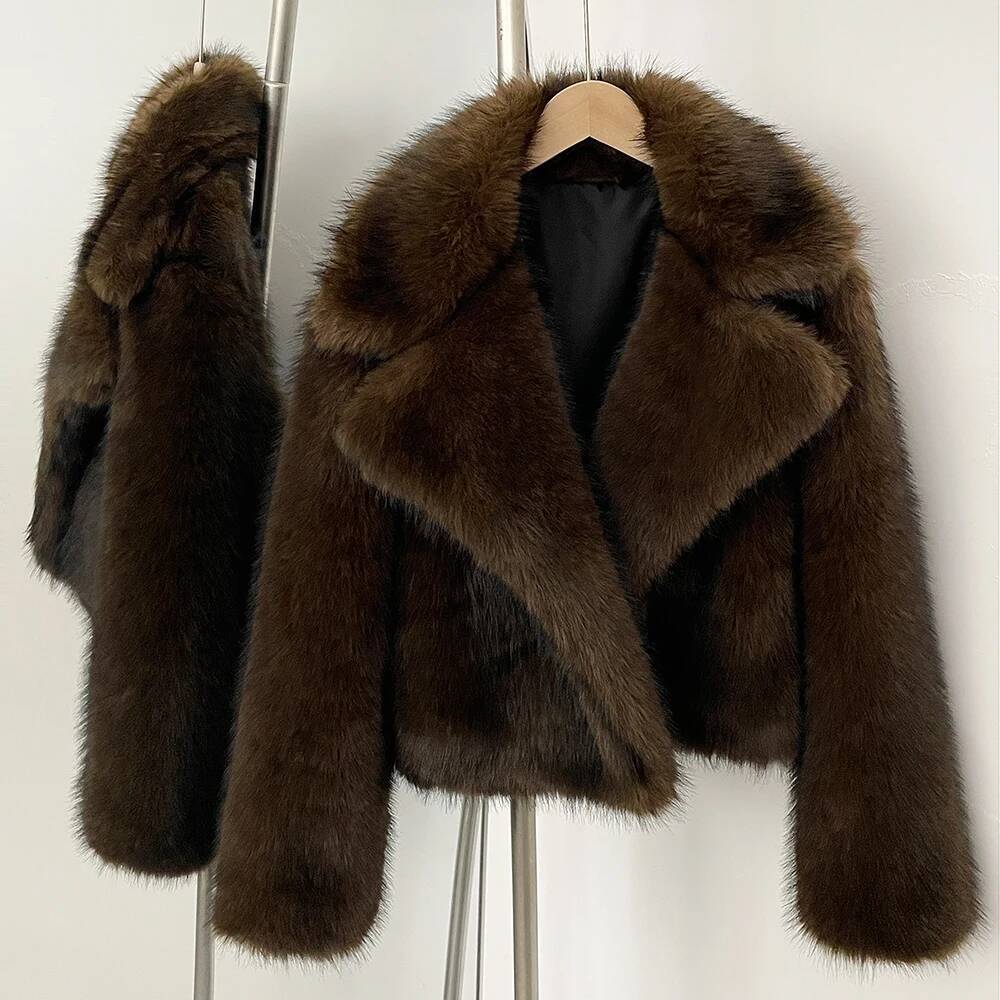 2025 Autumn Winter Clothes Women Fashion Short Faux Jacket Suit Collar Fake Coat Long Sleeve Artificial Fox Fur Overcoat