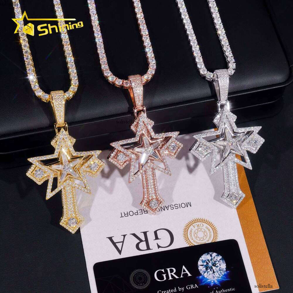 Ready to Ship Star Design Iced Out Cross Solid Sier with Moissanite Dia Hip Hop Pendant