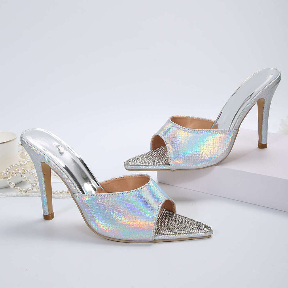 36-42 Plus Size 2025 New Gold Designer shoes Rhinestone Fashion Pointed High Heel Sandals Slippers for Women