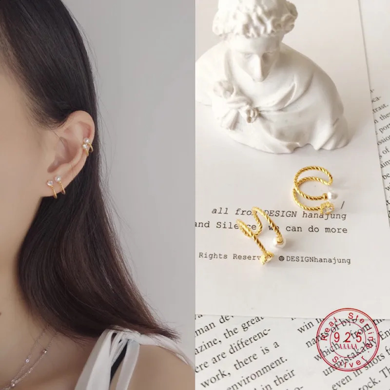 Korean S925 Sterling Silver Fashion Pearl Double Layer Ear Bone Clip Earrings Woman Elegant Classic Dinner Party Jewelry Gift 250807