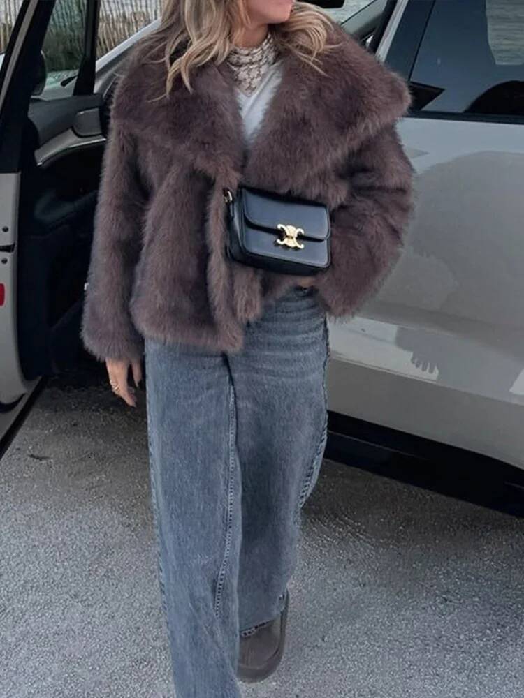 2025 Autumn Winter Casual Street Coat Women Brown Big Lapel Faux Fur Fashion Fluffy Long Sleeved Thick Warm Fury Jacket