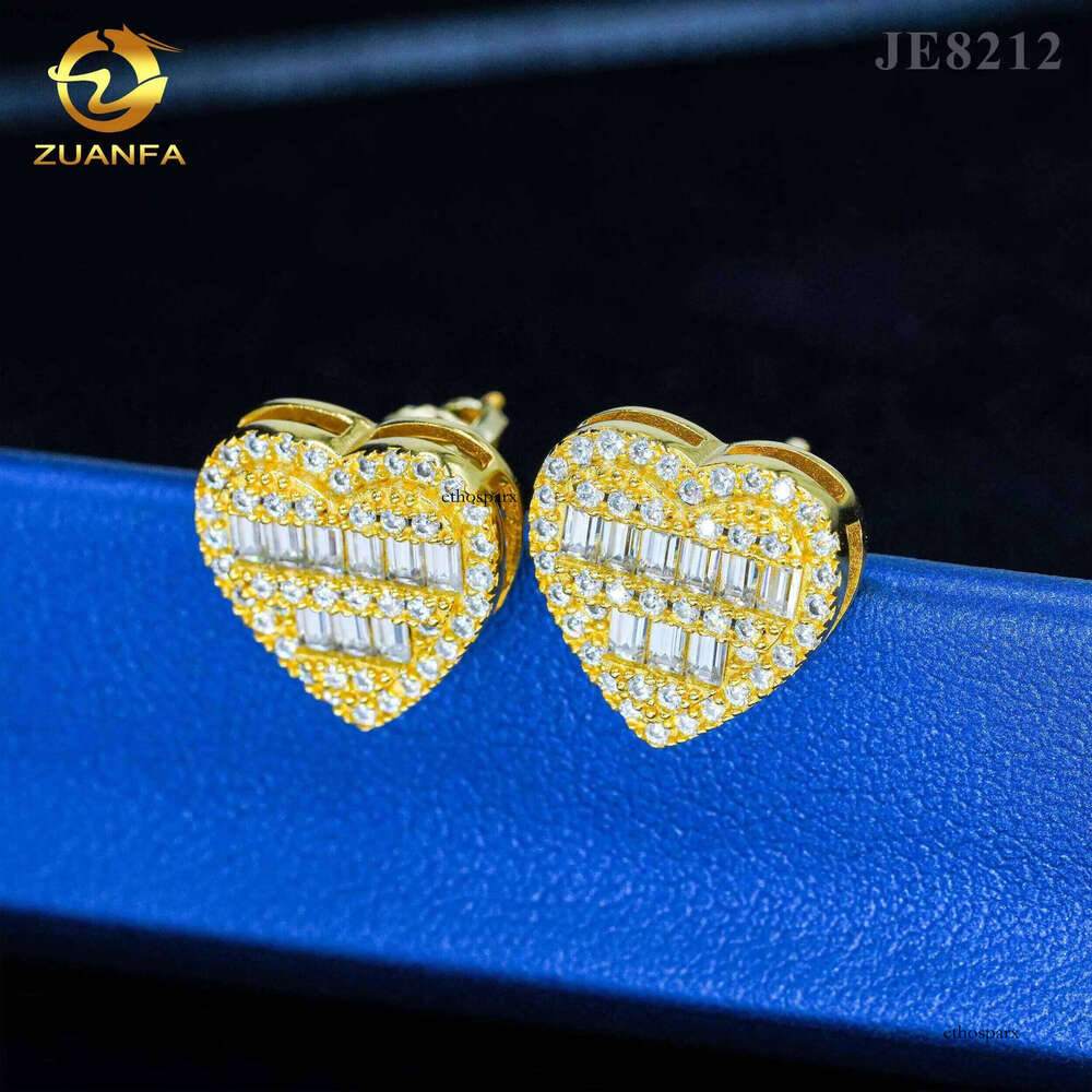Fine jewelry sterling sier heart design studs screw back women men vvs baguette dia moissanite earring stud
