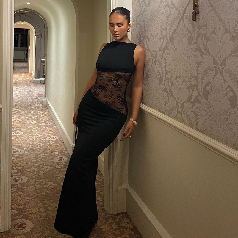 2025 Summer New Style Sexy Slim Fit Lace Patchwork Backless Long Dress Elegant French Dress