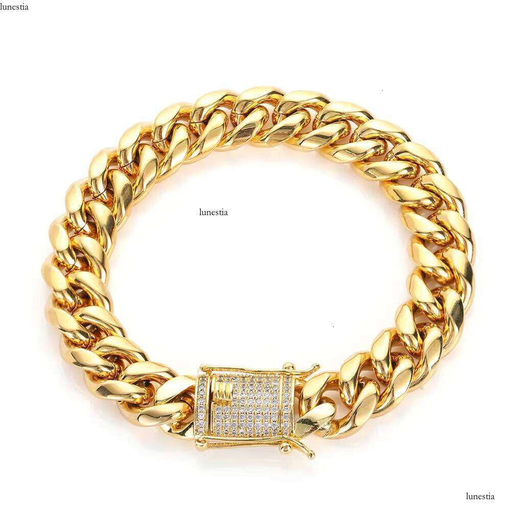 12mm Men's Stainless Steel Link Chain Fine Jewelry Hip Hop with Clasp Buckle Iced CZ Miami Cuban Bracelet