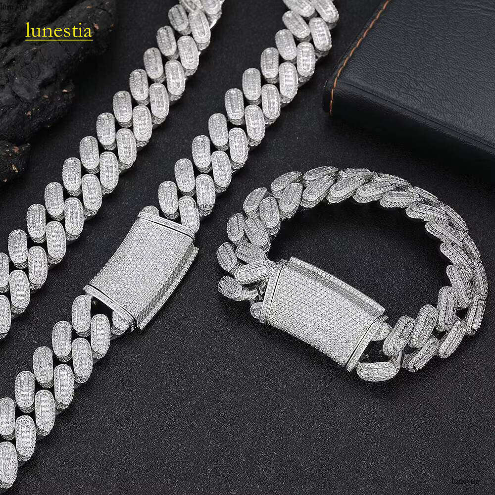 Nuoya Men's 18mm Chain Fine Jewelry HIP HOP Custom Iced Baguette Dia Gold Sier Cuban Bracelet for Gift