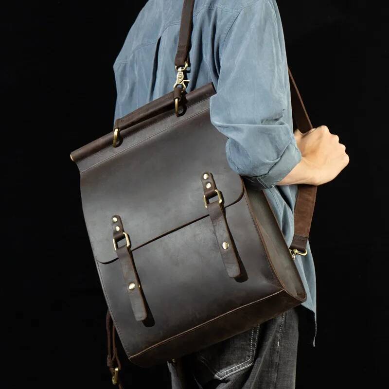 Mad horse leather, cowhide, trendy genuine leather for men, school bags, casual outdoor backpacks high-quality