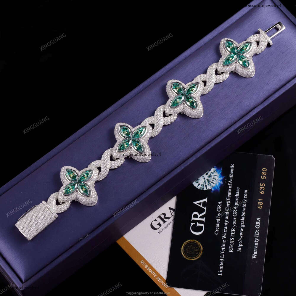 Fine Jewelry New Arrival Design VVS White Green Moissanite Dia Sier Gold Plated Cuban Link Four Clover Bracelet