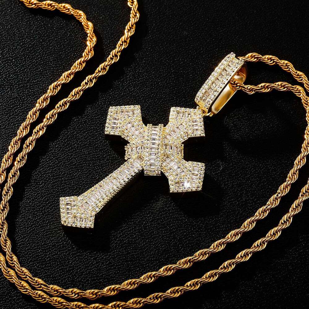 Sterling Silver Inlaid Moissanite chain Full Dia Trapezoid Large and Small Cross Pendant Hip-Hop Trendy Men's Necklace Accessory