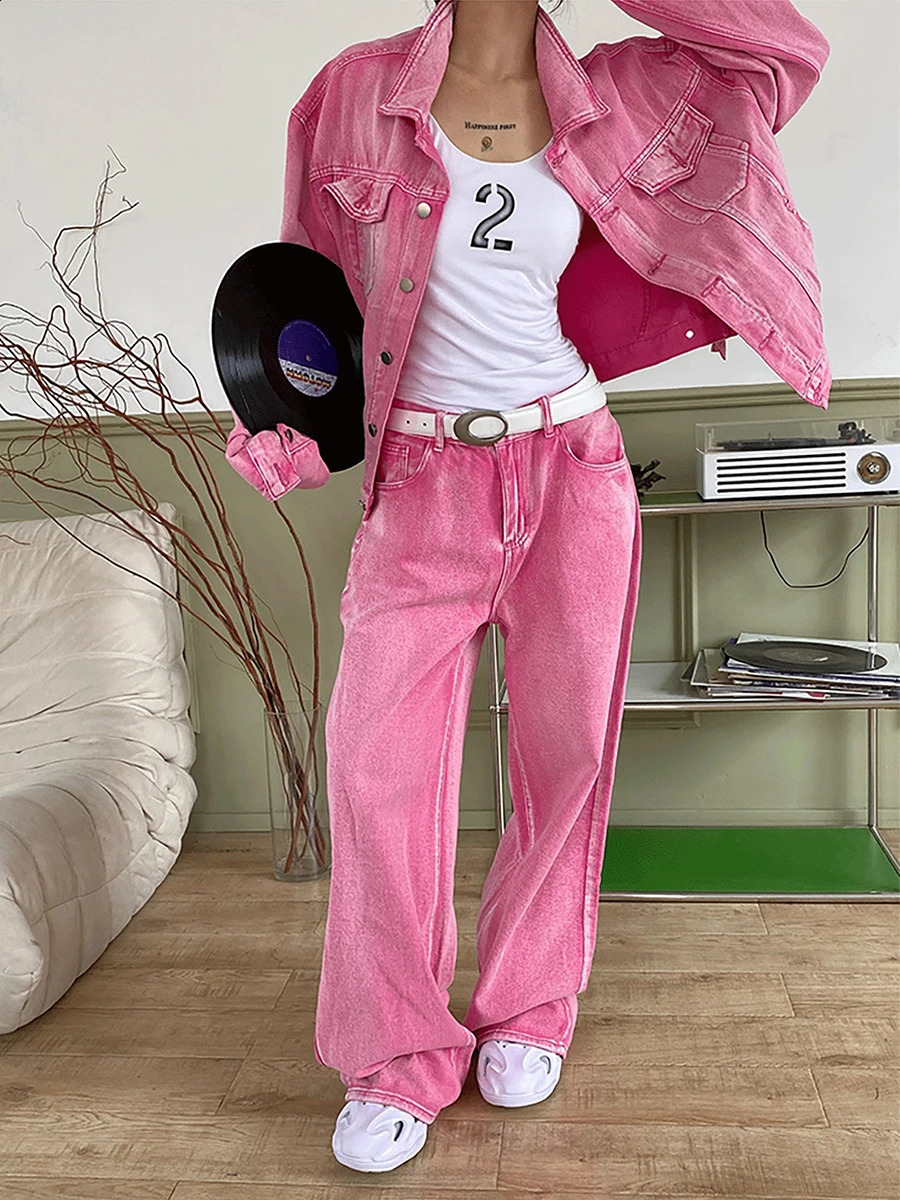 ReddaChic Women Aesthetic Pink Jacket Jeans Denim Suit Y2k Retro Casual Lapel Long Sleeves Statue Outer Baggy Jeans 2-piece Set 250808