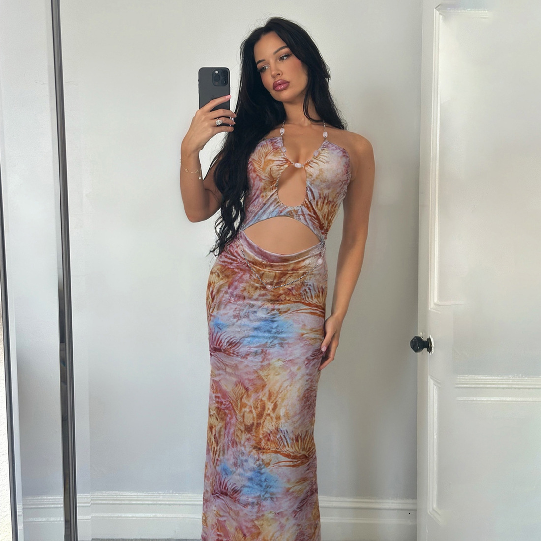 2025 Autumn New Womens Fashion Sexy Halter Neck Backless Slim Fit Bodycon Printed Dress