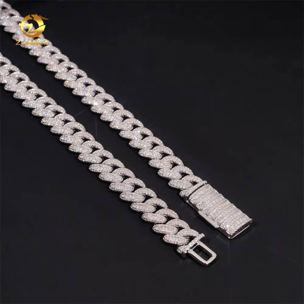 Popular 13mm Cuban Link Chain 925 Sterling Silver Gold Plated Gra Moissanite 3rows Iced Out Sparking Cuban Necklace