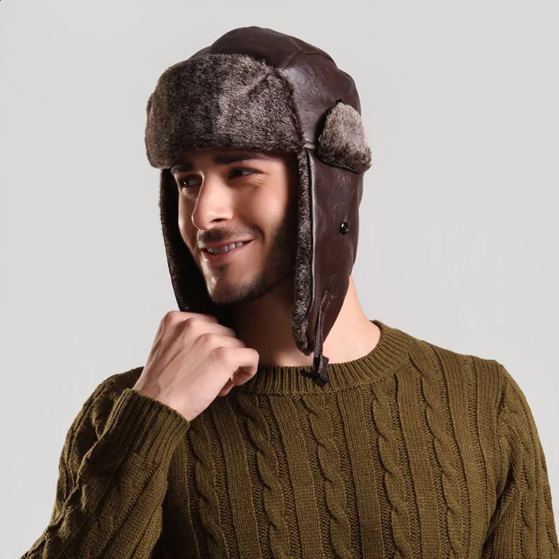 Bomber Hat with Ear Flaps Mens Winter Faux Leather Fur Russian Earflap Trapper Cap Fleece Beanie for Men 250724