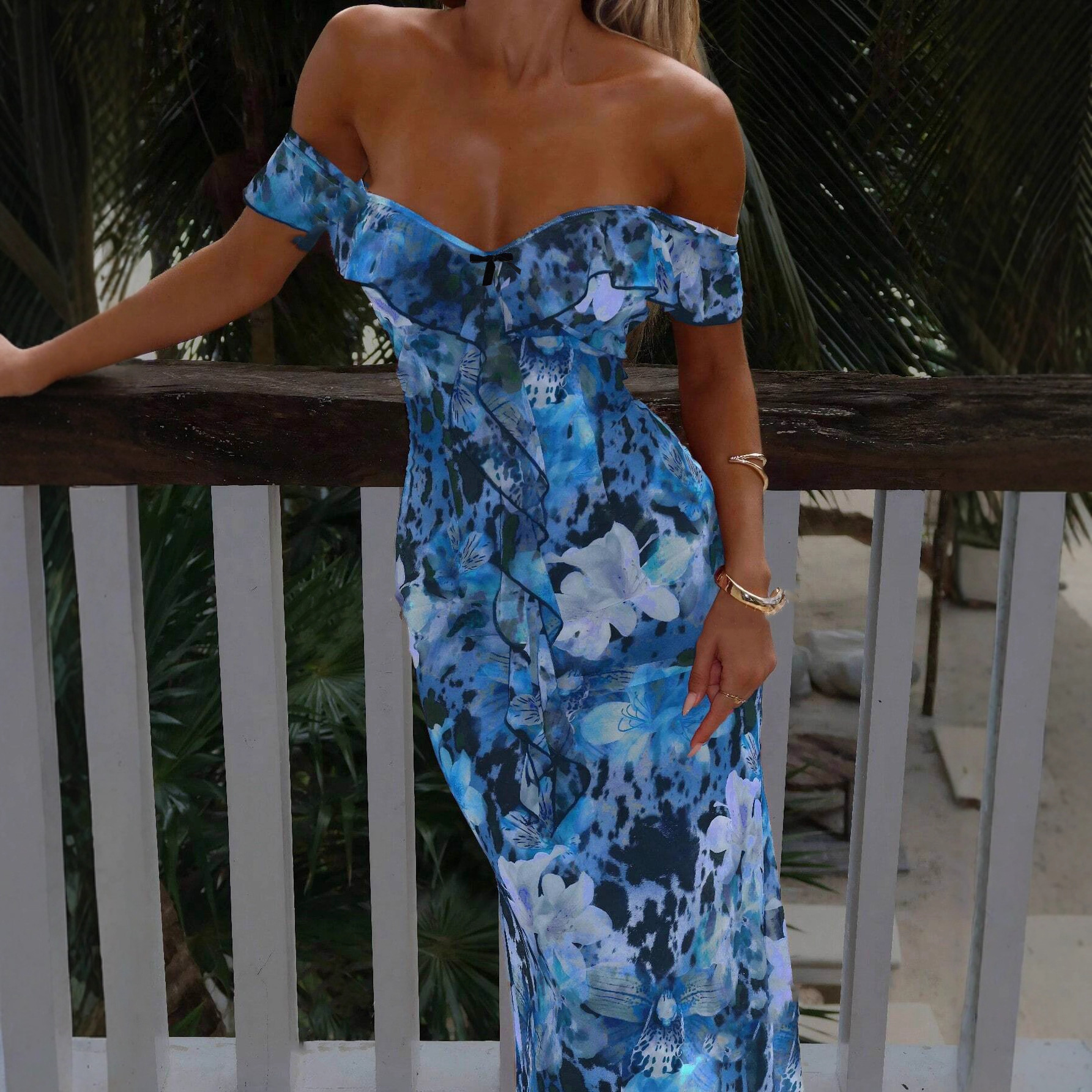 trend 2025 summer new lace up strapless flower waist slimming fashion print sexy tight fitting women's American dress new designer