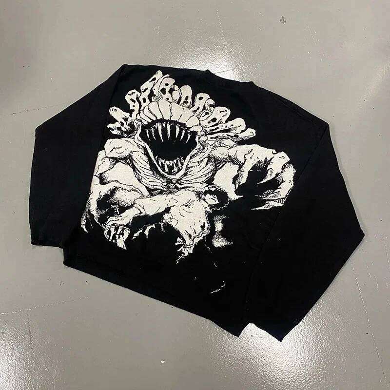 Graphic Print Black Knitted Streetwear Demon Anime Pullover Unisex Casual Loose Sweaters Men Gothic O-neck Pullovers