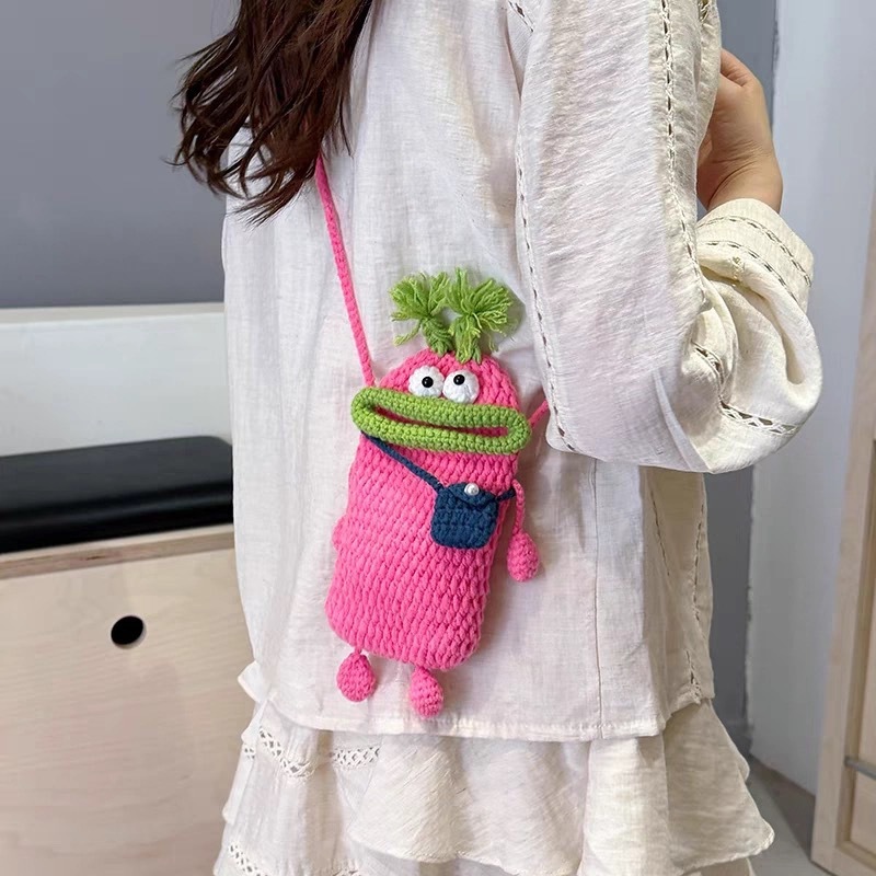 Autumn New Crochet Sausage Mouth Phone Bag Hand Woven Ugly Cute Women's Children's Crossbody Bag Coin Wallet Autumn Niche Design New Designe
