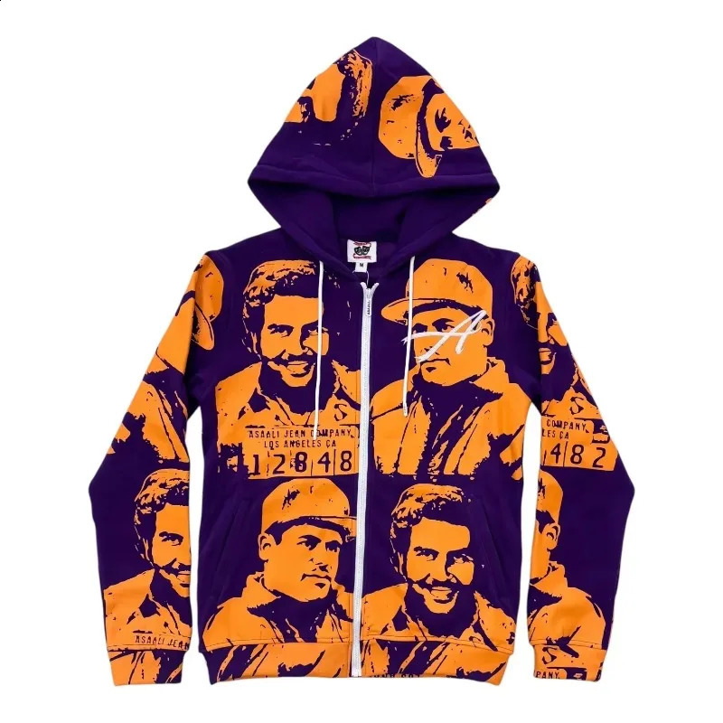 Sport pants suit Gothic fashion figure pattern printing zipper hoodie set Y2K American retro mens casual oversized hoodie 250809