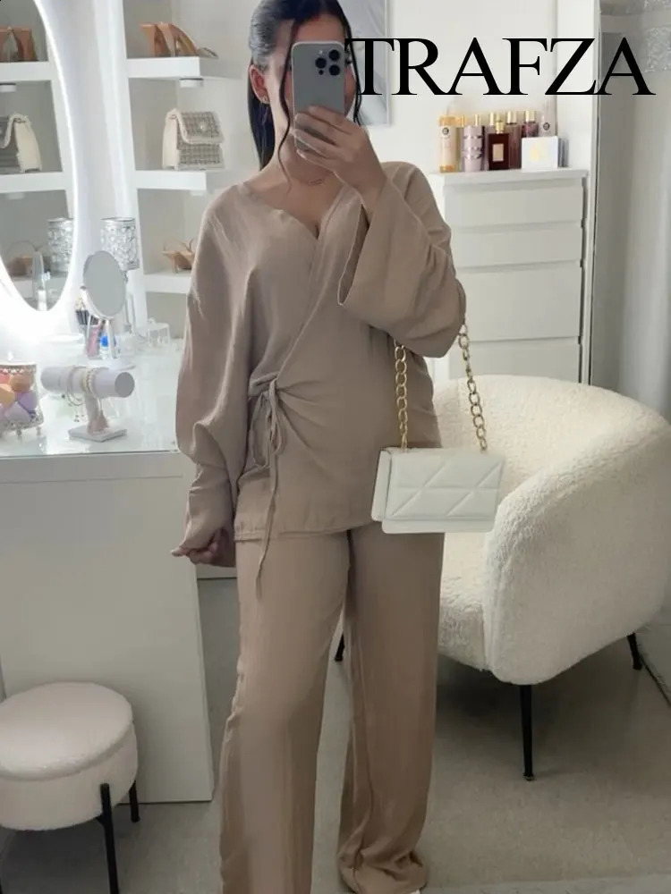 TRAFZA Womens Summer Fashion Linen Solid Color Shirt Set Belted Cardigan Kimono Top High Waist Womens Pleated Pants 2-piece 250806