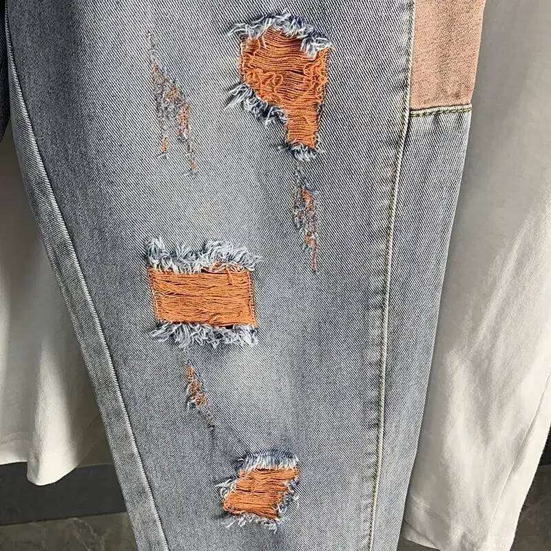 Men's Jeans Broken Cropped Trousers with Holes Man Cowboy Pants Ripped Harem Torn Spring Autumn Summer Stacked Plus Size Washed