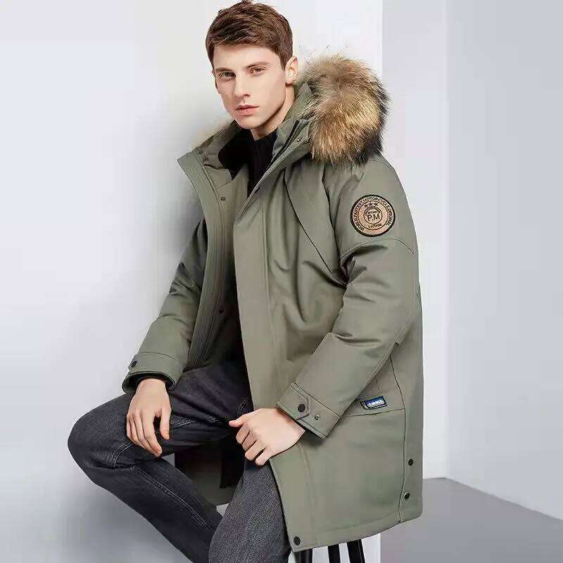 2023 Winter Boutique Fashion Thickening Warm Casual Hooded Fur Collar Jacket Brand High-end Men's Down Coat ArmyGreen