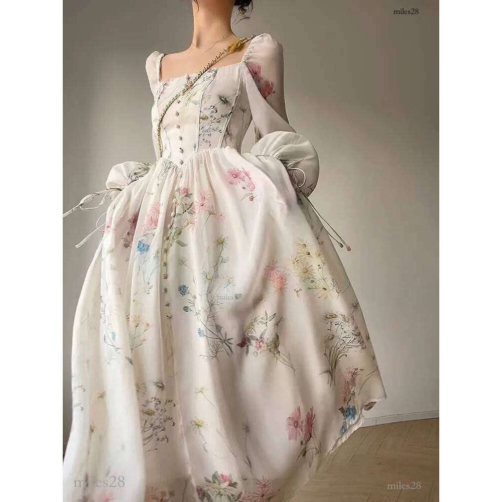 Casual Dresses French Elegant Floral Midi Dress Chiffon Long Sleeve Evening Party Dress Woman Beach Fairy Dress Korean Summer 230313