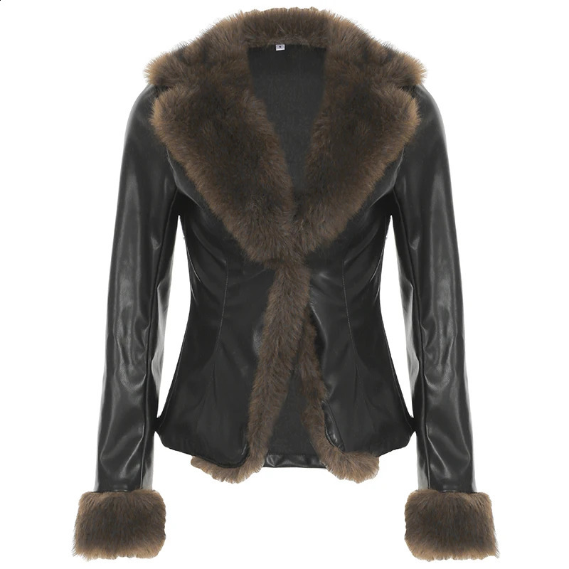 IAMTY Faux Fur Patchwork Pu Leather Jacket Luxurious Furry Collar Warm Down Coats Winter Chic V-neck Cardigan Thick Outerwear 250811