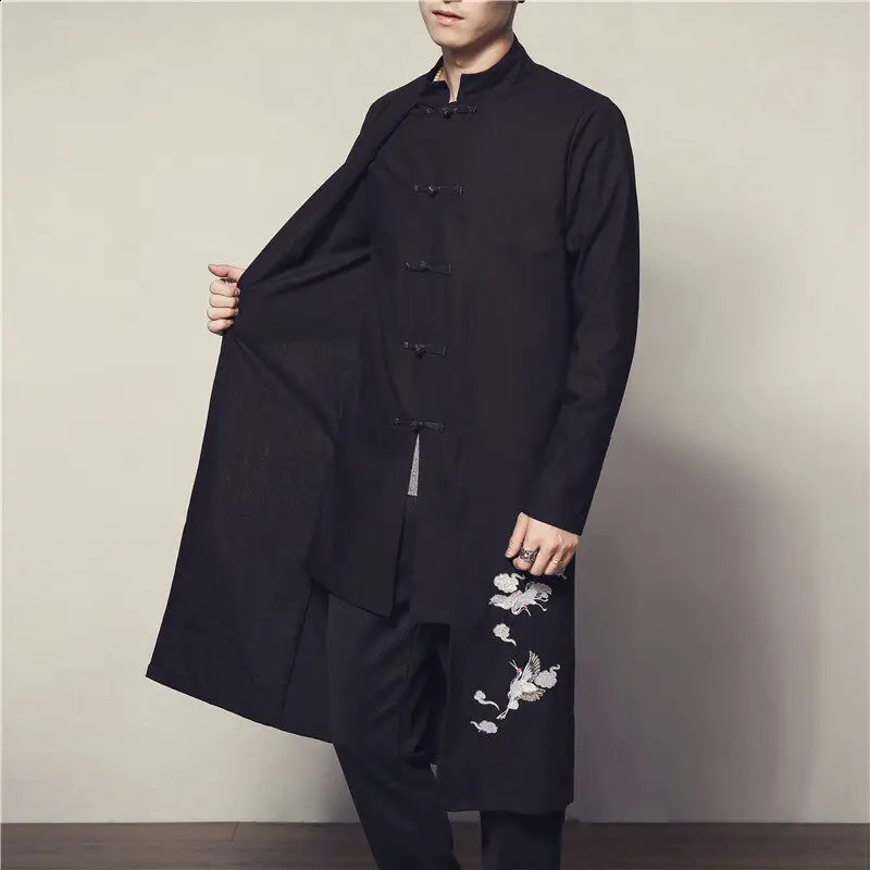 China Style Black Men Long Jacket Single Breasted Standing Collar Embroidered Trench Coat Asian Size M5XL 250729
