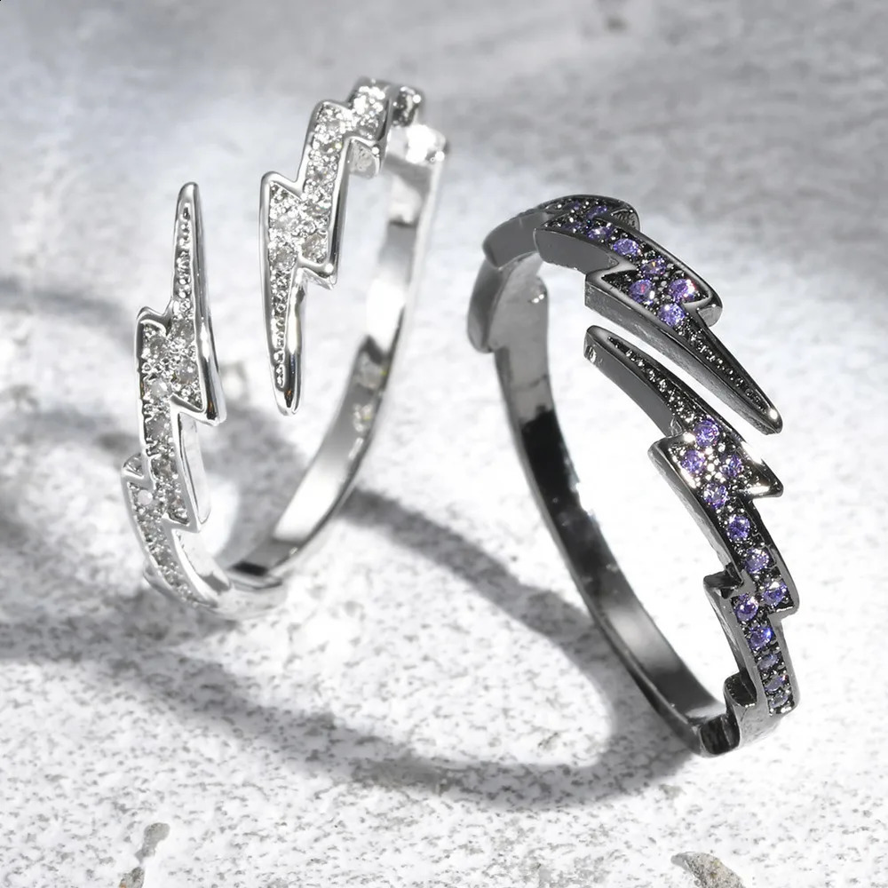 Vnox Zircon Lightning Open Rings for Men Women Black Silver Color Crystal Finger Band Adjustable Jewelry Gift 250807