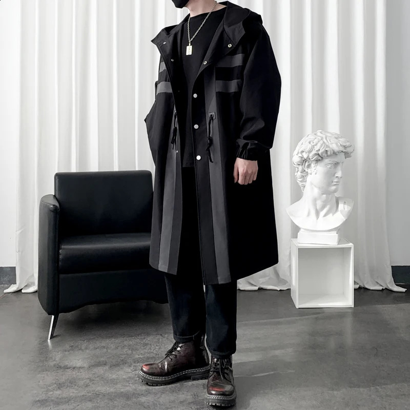 Trench coat Mens Windbreaker Patchwork Color Medium Long Trenchcoat Korean Fashion Covered Button Male Hooded Trench Jacket 250801