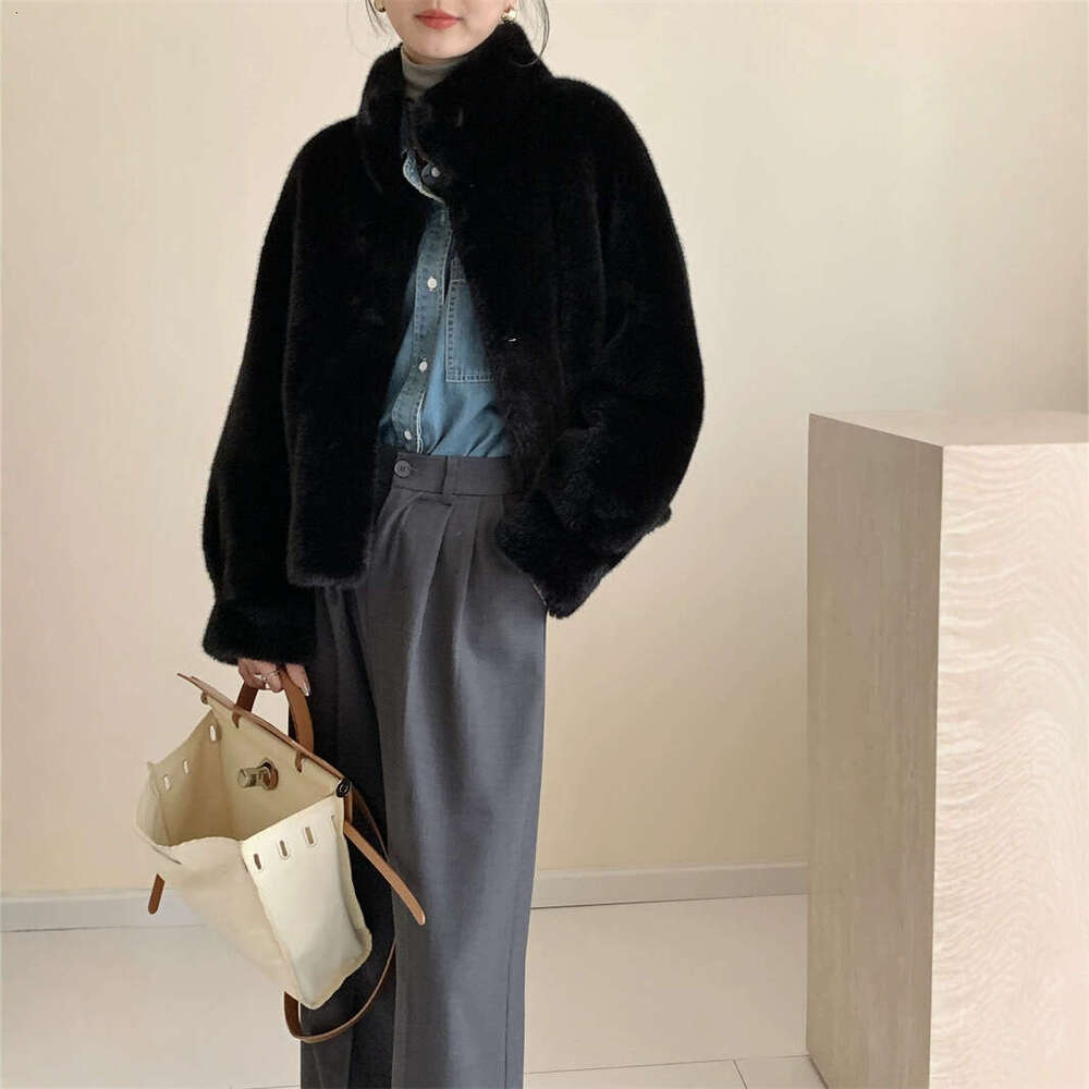 Windproof stand up collar faux fur coat, mink leather jacket, warm winter