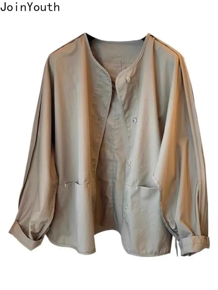 Trench Coat for Women Solid Color Oneck Long Sleeve Loose Outwear Ropa Mujer Casual Pockets Fashion Korean Vintage Jackets 250809