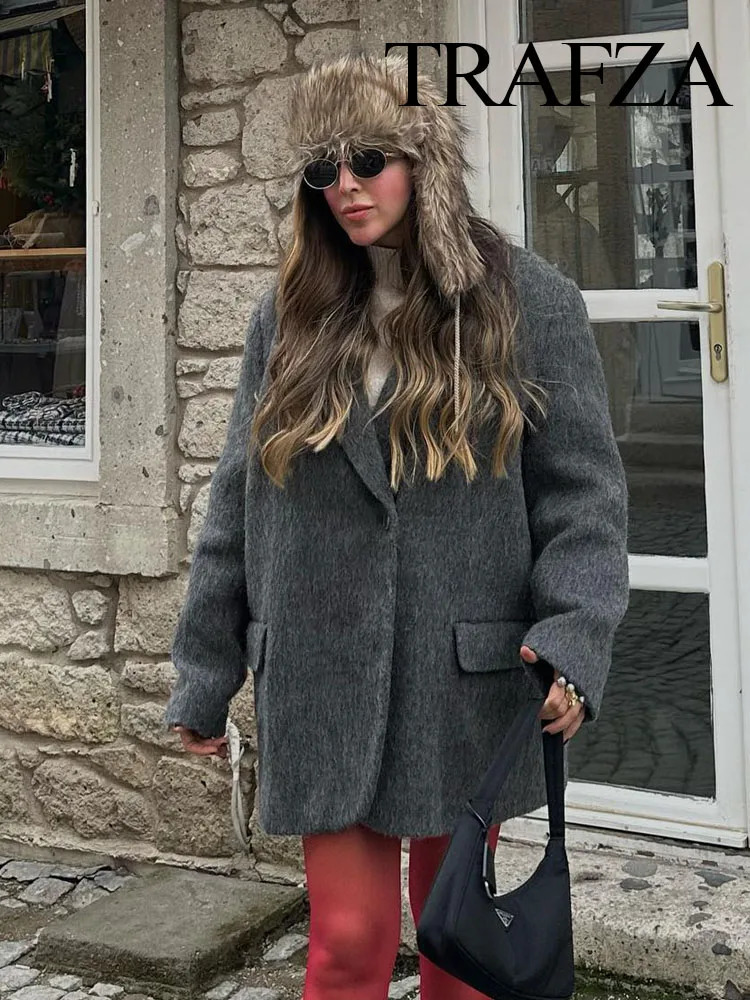 TRAFZA Women Fashion Plush Blazer Elegant Solid Y2k Women Long Sleeve Single Breasted Suit Coat Spring Female Casual Jackets 250811