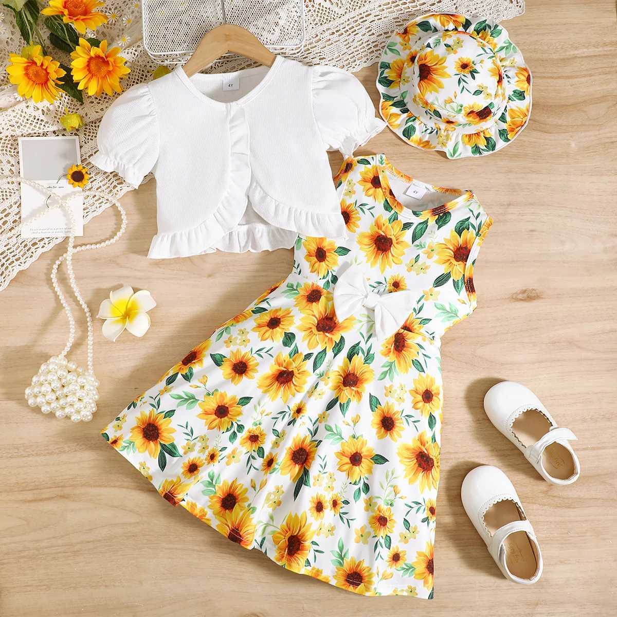 3Pcs Kid Girl Dress Sunflower Sleeveless Dress+Shawl+Hat Girl Summer Vacation Casual Dress Set for girls aged 3-8 Years W250811