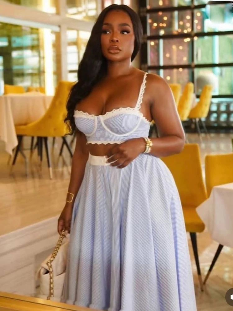Beyprern Elegant Lace Contrast Stripes Camisole Skirt Set TwoPiece Dress Holiday Outfits Women TieBack Stirped Vacation 250811