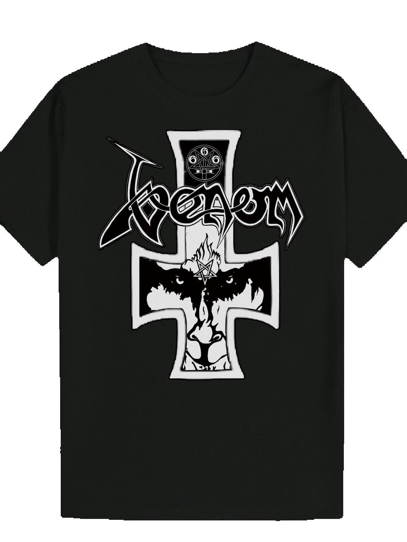 Men's Heavy Metal Black with Cross Sword Graphic T-Shirt Lightweight Polyester Shirt for Concerts, Wear - Avant-Garde Gothic Casual T-Shirt, Stre