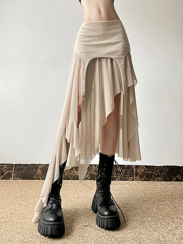 Zoki Sexy Irregular Y2K Skirts Women Vintage American High Waist Slim Slit Long Skirt Casual Lady Streetwear Retro Summer Skirts 250809