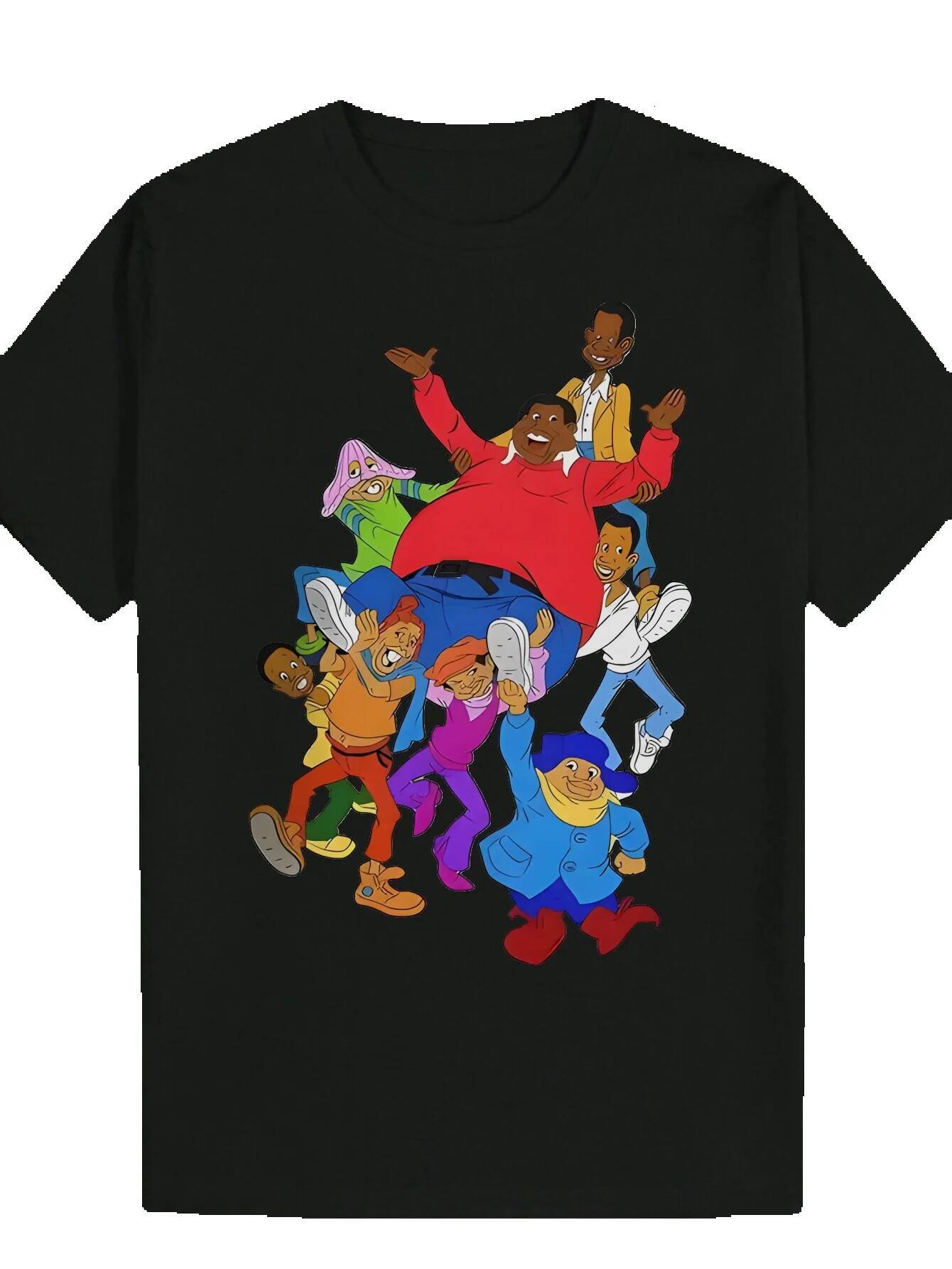 Men's Summer Pattern T-Shirt - Black Vibrant Cartoon Character Print, Breathable Polyester Crew Neck T-Shirt, Machine Washable, Suitable for Casu