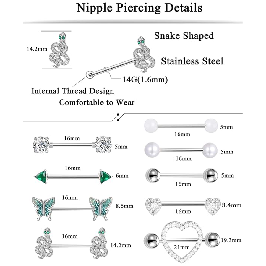 9 Pairs Nipple Rings 14G Stainless Steel Heart Butterfly Snake Ball Emerald Triangle CZ Barbell Tongue Rings Set Cute Body Piercing Jewelry for Women 
