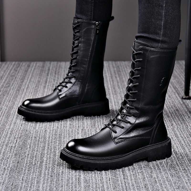 Winter Mens Riding Boots Genuine Leather Lace Up Extra Long Mongolian High Top Soft Plush Ankle Boots Denim Knight Motorcycle W250811