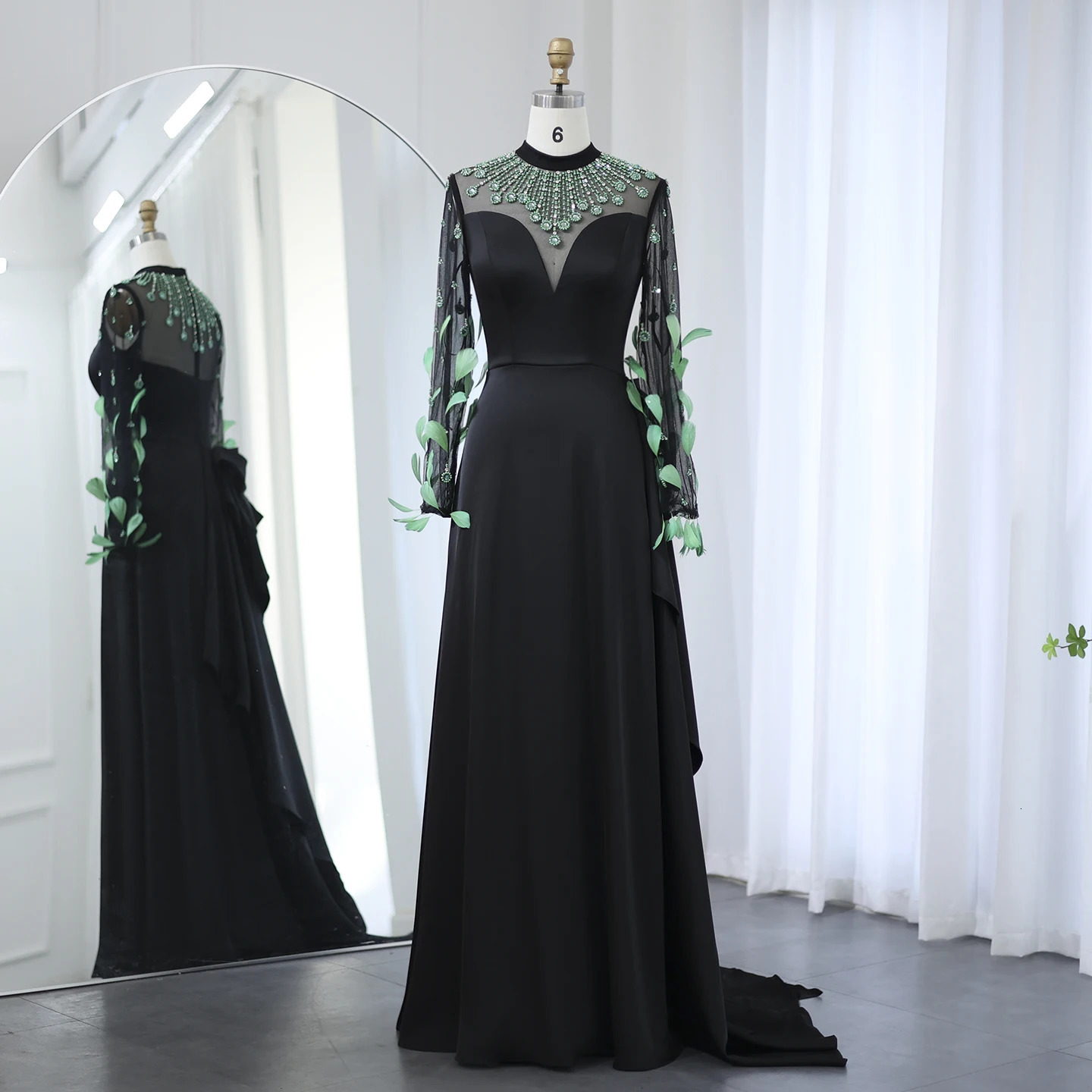 Sharon Said y Dubai Emerald Green Feathers Black Evening Dress Long Sleeves Arabia Women Formal Party Gown SS457 Customized 250811
